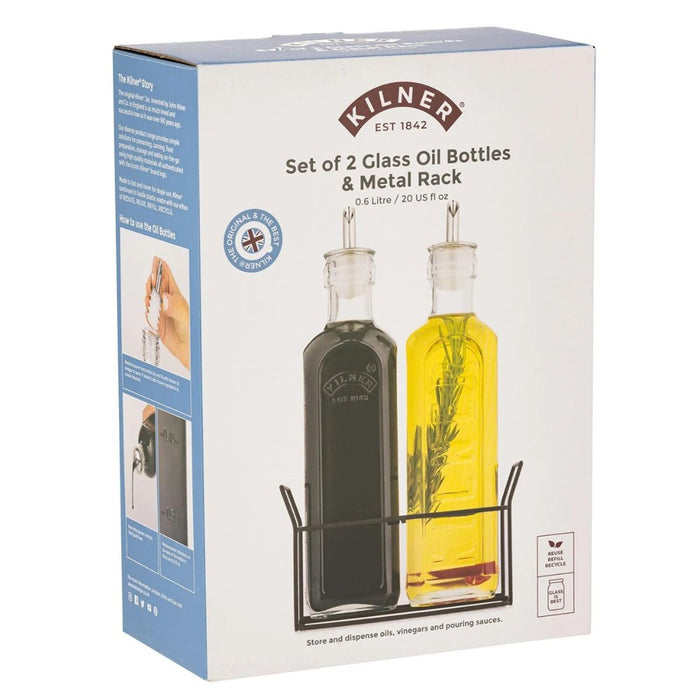 Kilner Set Of 2 Oil Bottles with Metal Rack - 600ml