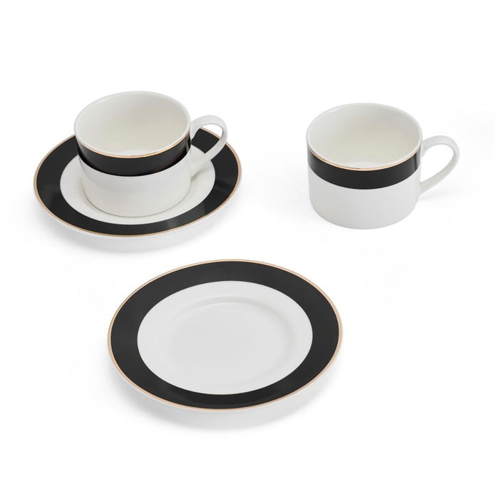 Mikasa Luxe Deco Set of 2 China Teacups and saucers with Block Stripe  - 200ml - White /Black