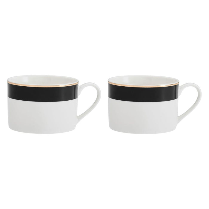 Mikasa Luxe Deco Set of 2 China Teacups and saucers with Block Stripe  - 200ml - White /Black