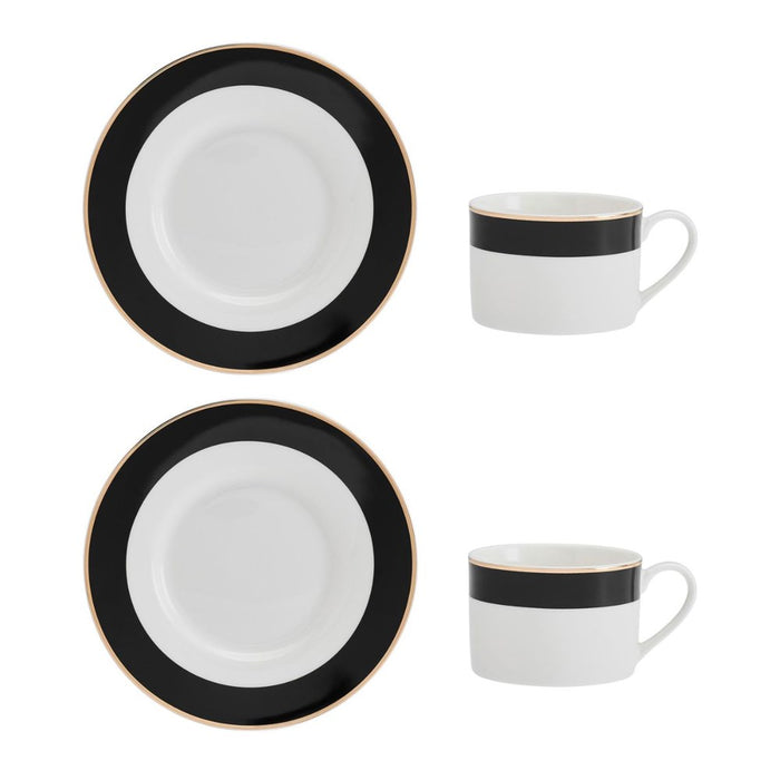 Mikasa Luxe Deco Set of 2 China Teacups and saucers with Block Stripe  - 200ml - White /Black