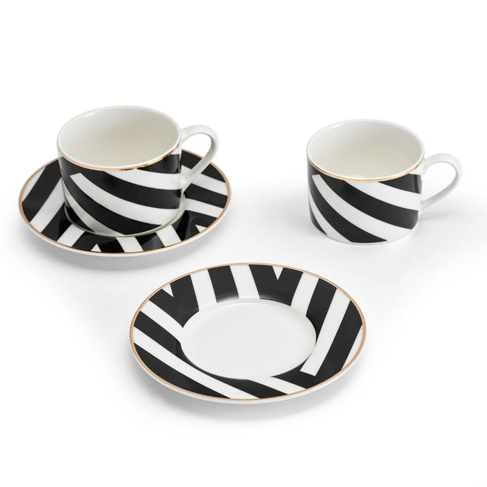 Mikasa Luxe Deco Set of 2 China Teacups and saucers with Geometric Stripe - 200ml - White / Black