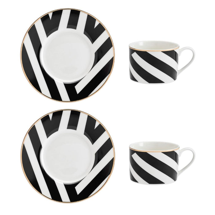 Mikasa Luxe Deco Set of 2 China Teacups and saucers with Geometric Stripe - 200ml - White / Black