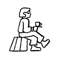 Outline of a person sitting on a bench holding cups on a stool