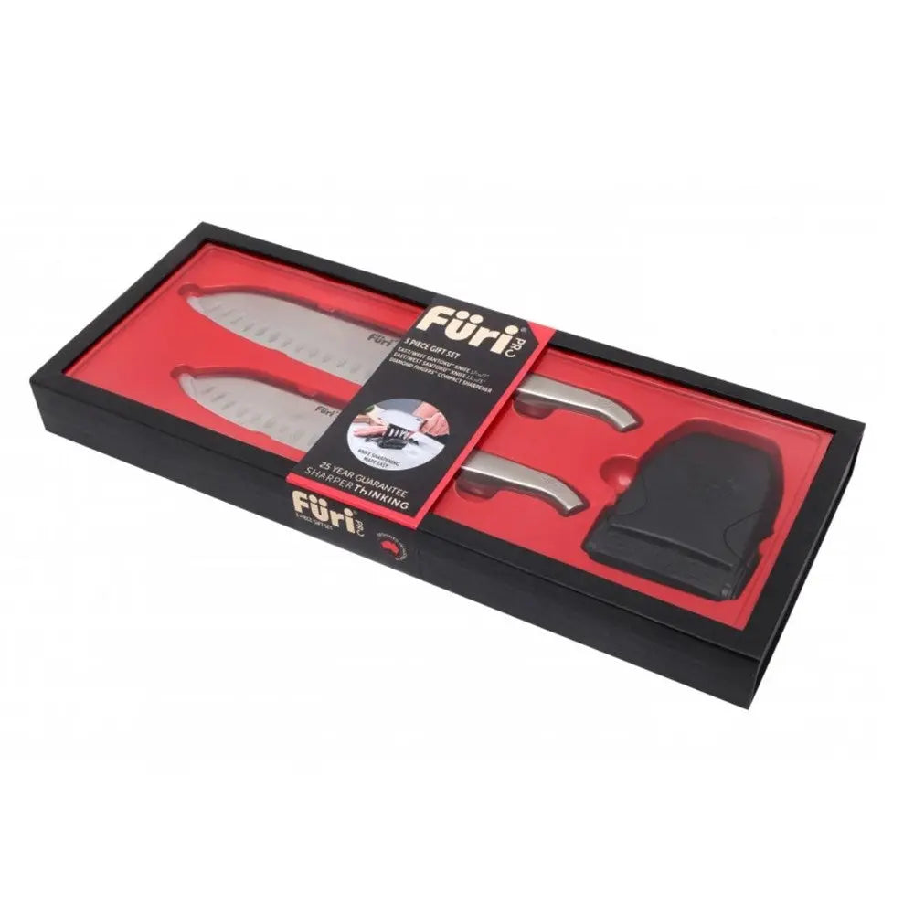 Furi Pro East West Santoku Knife & Diamond Fingers Sharpener - 3 Piece Set